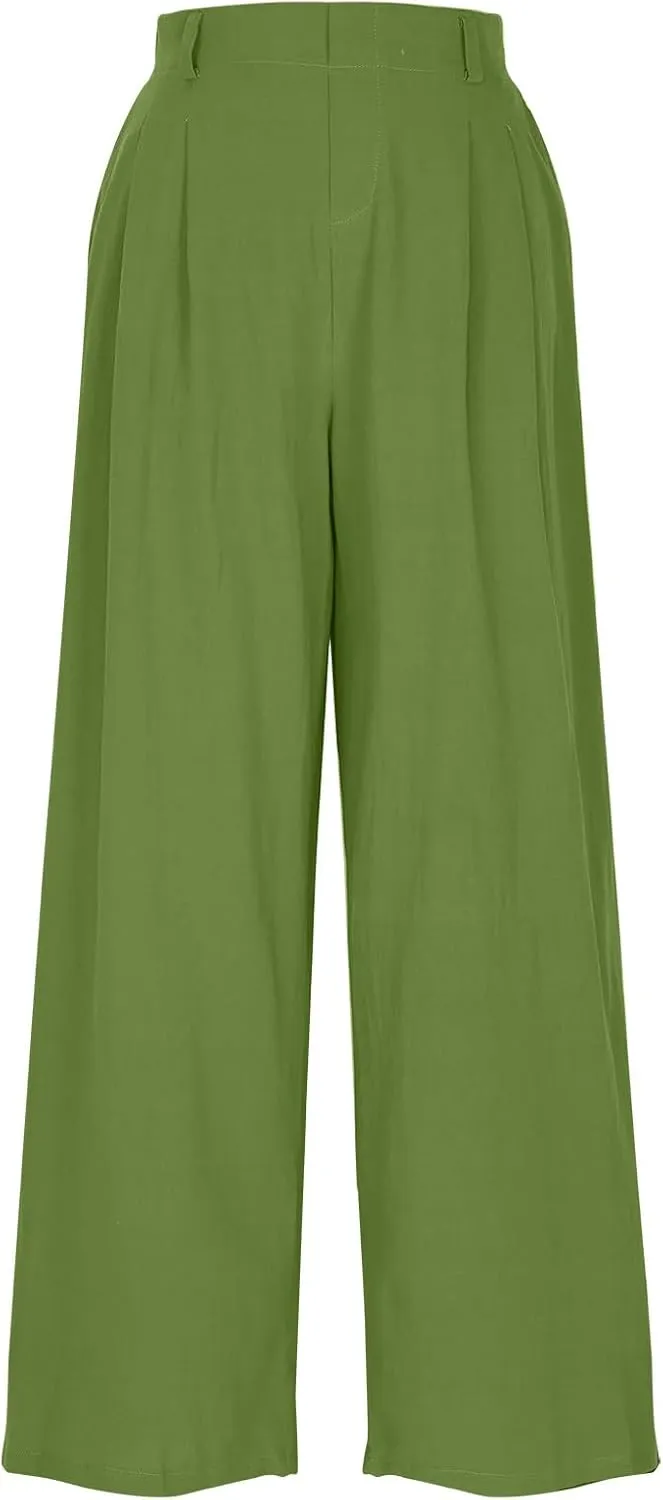 Womens Cotton Linen Pants 2025 Summer Casual Wide Leg Pants Loose Fit Elastic Waist Lounge Trousers with Pockets