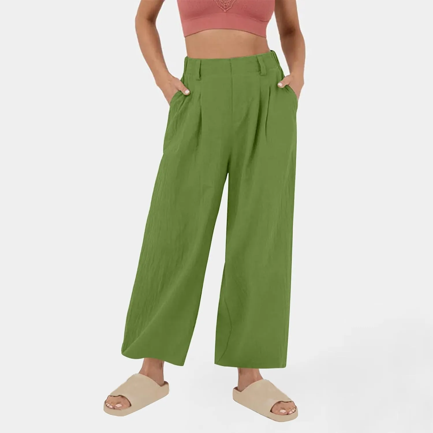 Womens Cotton Linen Pants 2025 Summer Casual Wide Leg Pants Loose Fit Elastic Waist Lounge Trousers with Pockets