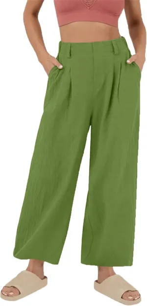 Womens Cotton Linen Pants 2025 Summer Casual Wide Leg Pants Loose Fit Elastic Waist Lounge Trousers with Pockets