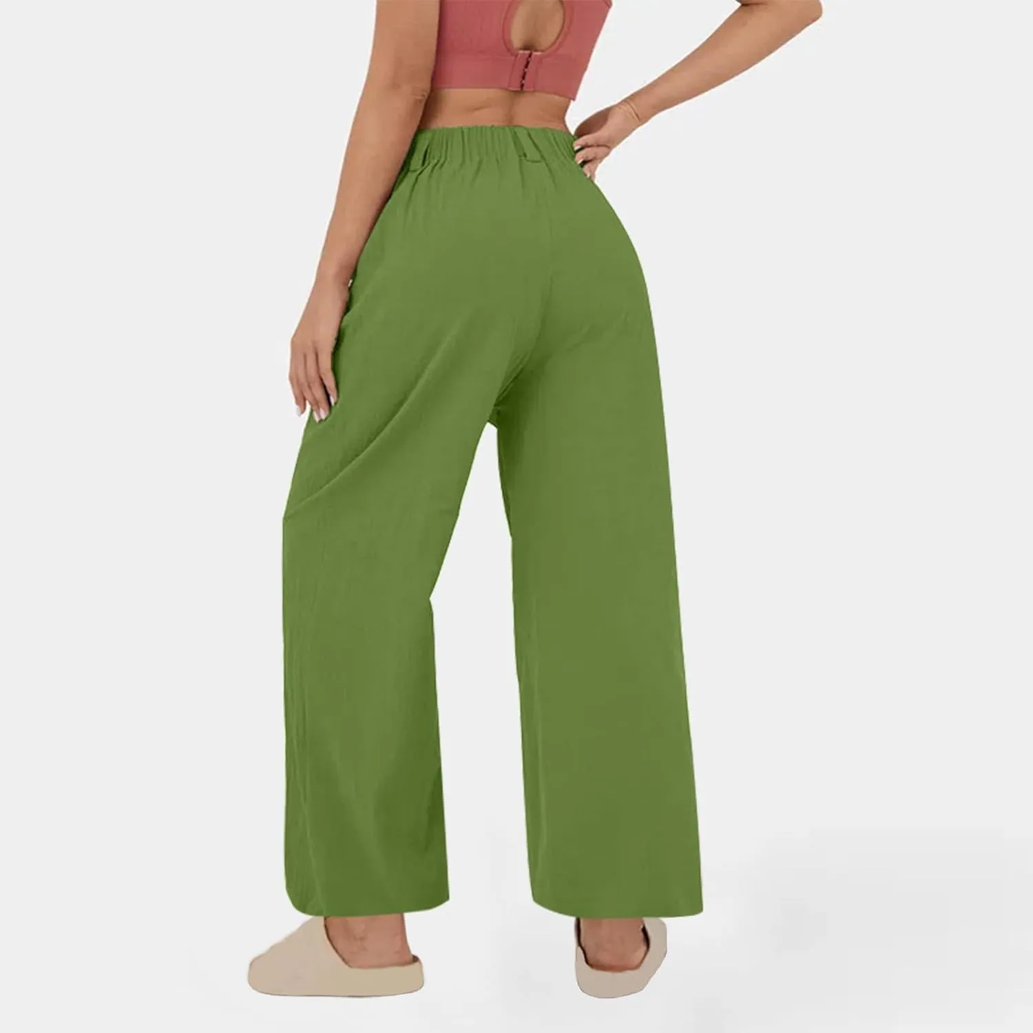 Womens Cotton Linen Pants 2025 Summer Casual Wide Leg Pants Loose Fit Elastic Waist Lounge Trousers with Pockets