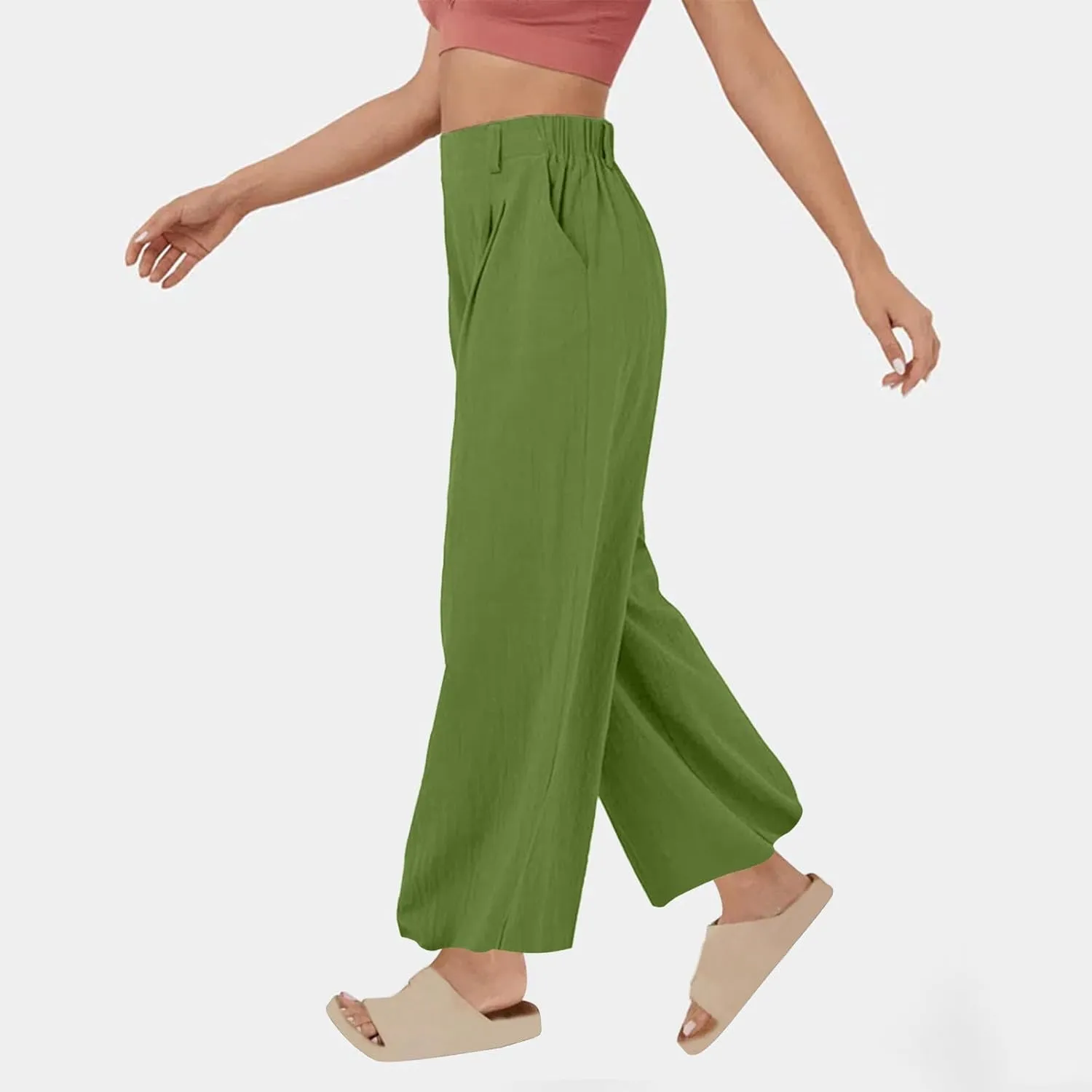 Womens Cotton Linen Pants 2025 Summer Casual Wide Leg Pants Loose Fit Elastic Waist Lounge Trousers with Pockets