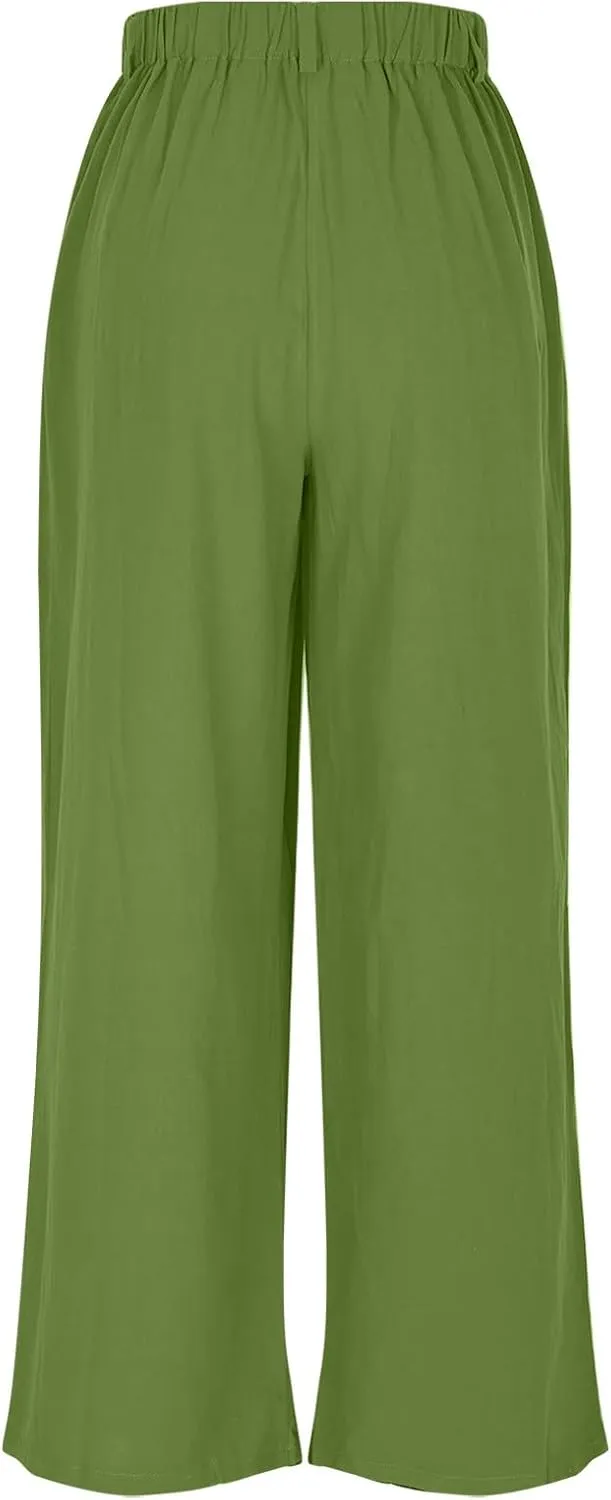Womens Cotton Linen Pants 2025 Summer Casual Wide Leg Pants Loose Fit Elastic Waist Lounge Trousers with Pockets