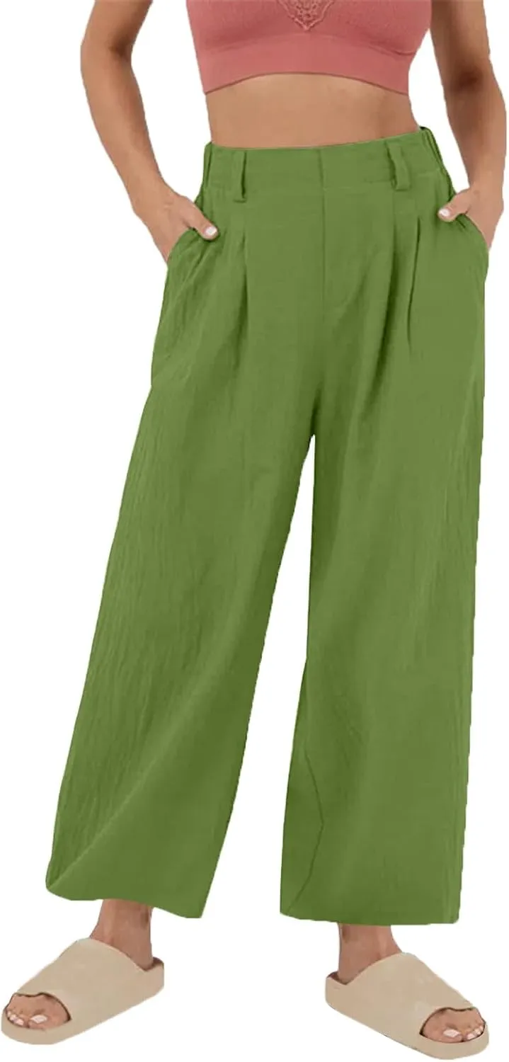 Womens Cotton Linen Pants 2025 Summer Casual Wide Leg Pants Loose Fit Elastic Waist Lounge Trousers with Pockets