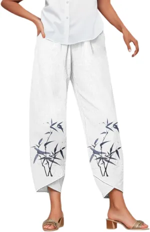 Women's Cotton Linen Pants Casual Summer Printed Pants Oversized Elastic High Waist Lounge Baggy Comfy Trousers with Pockets