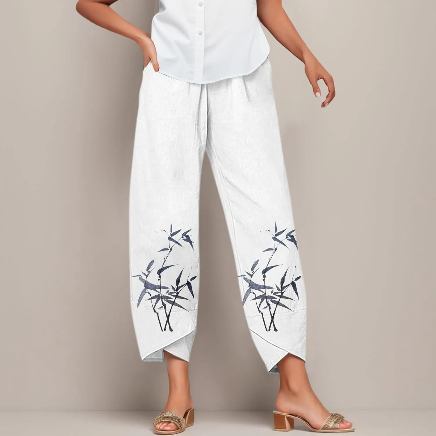 Women's Cotton Linen Pants Casual Summer Printed Pants Oversized Elastic High Waist Lounge Baggy Comfy Trousers with Pockets