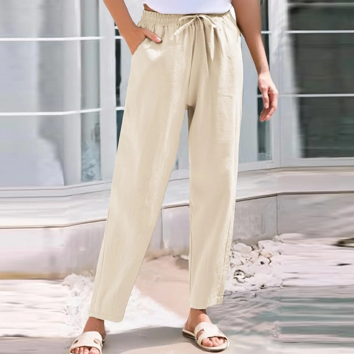 Women's Cotton Linen Pants Women Straight Leg Pants Elastic Drawstring Casual Trousers with Pockets Summer Beach Lounge Pants