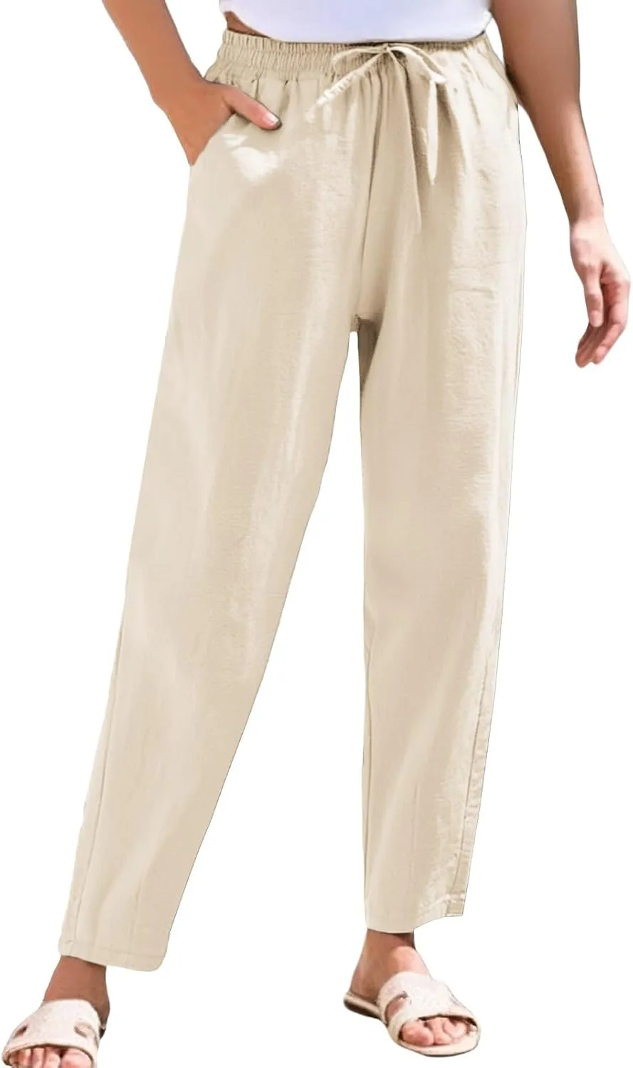 Women's Cotton Linen Pants Women Straight Leg Pants Elastic Drawstring Casual Trousers with Pockets Summer Beach Lounge Pants