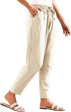 Women's Cotton Linen Pants Women Straight Leg Pants Elastic Drawstring Casual Trousers with Pockets Summer Beach Lounge Pants