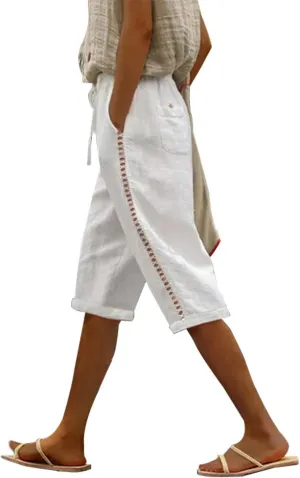 Women's Cotton Linen Shorts 2025 Casual Loose Knee Length Beach Pants Summer Drawstring Bermuda Shorts with Pockets