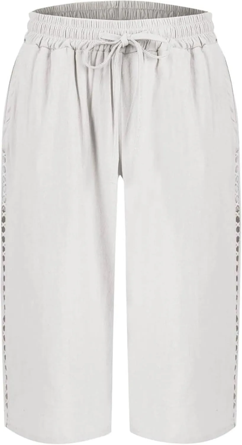 Women's Cotton Linen Shorts 2025 Casual Loose Knee Length Beach Pants Summer Drawstring Bermuda Shorts with Pockets