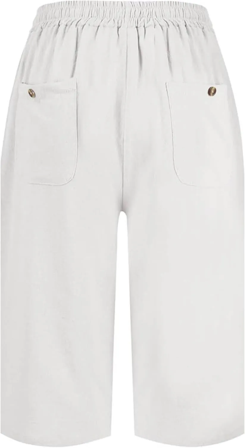 Women's Cotton Linen Shorts 2025 Casual Loose Knee Length Beach Pants Summer Drawstring Bermuda Shorts with Pockets
