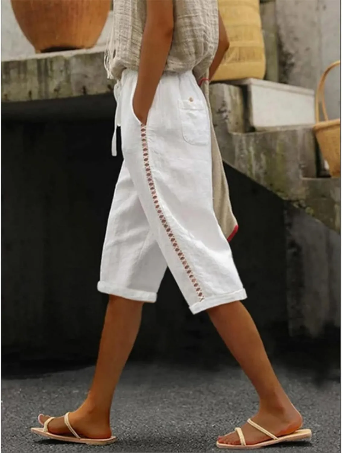 Women's Cotton Linen Shorts 2025 Casual Loose Knee Length Beach Pants Summer Drawstring Bermuda Shorts with Pockets