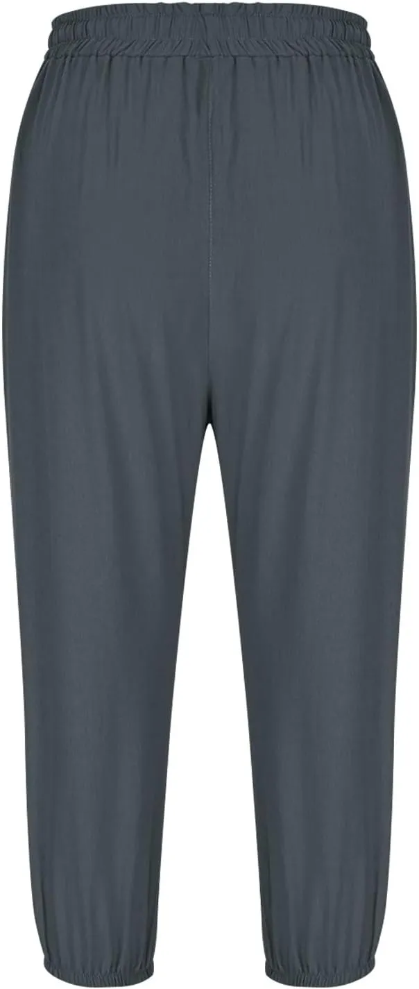 Women's Cotton Linen Straight Leg Pants Elastic Drawstring Casual Trousers with Pockets Summer Beach Lounge Pants