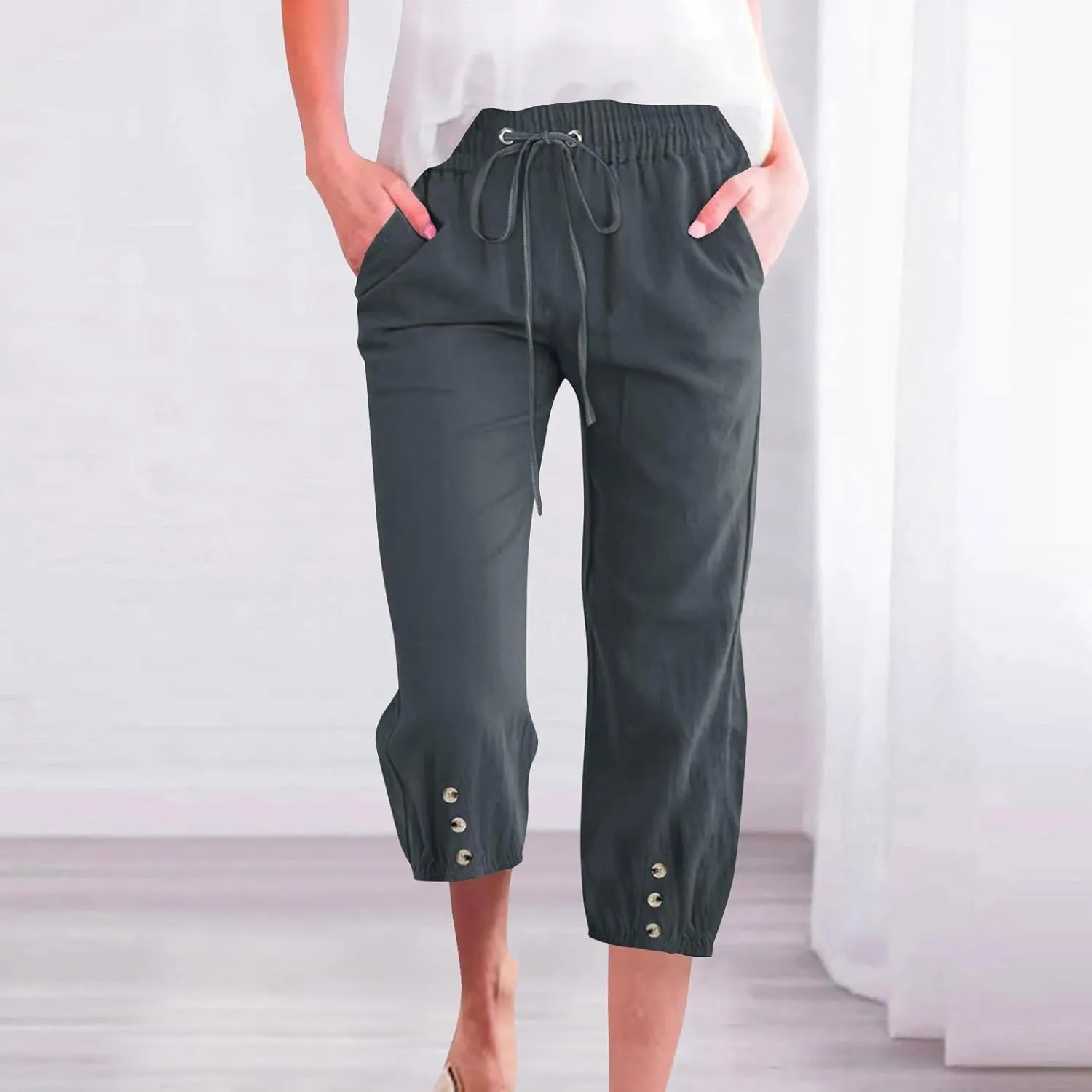 Women's Cotton Linen Straight Leg Pants Elastic Drawstring Casual Trousers with Pockets Summer Beach Lounge Pants