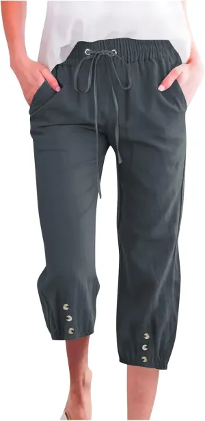Women's Cotton Linen Straight Leg Pants Elastic Drawstring Casual Trousers with Pockets Summer Beach Lounge Pants