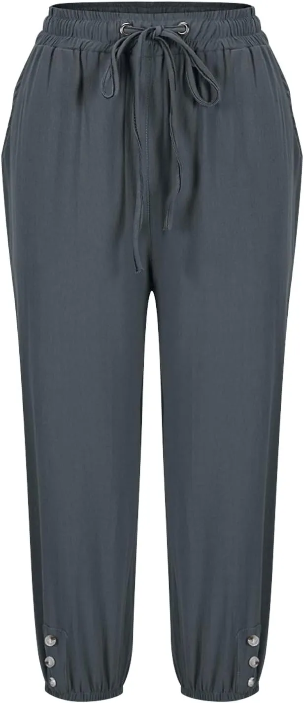 Women's Cotton Linen Straight Leg Pants Elastic Drawstring Casual Trousers with Pockets Summer Beach Lounge Pants
