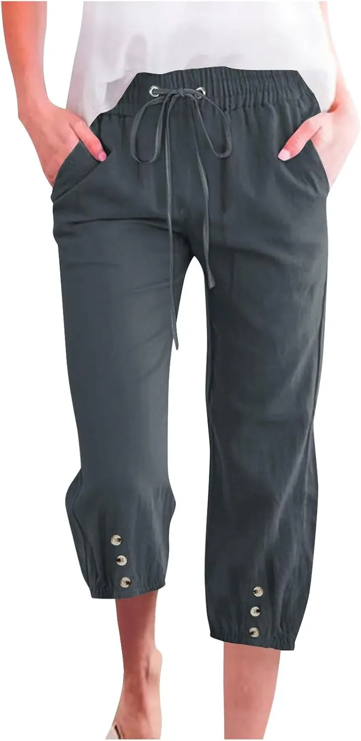 Women's Cotton Linen Straight Leg Pants Elastic Drawstring Casual Trousers with Pockets Summer Beach Lounge Pants