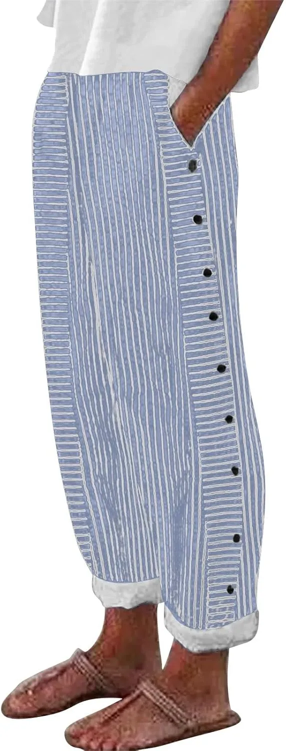 Women's Cotton Linen Summer Palazzo Pants 2025 Wide Leg Beach Lounge Trousers with Pockets Vacation Outfits C-Blue