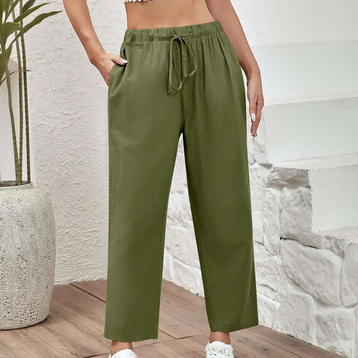 Women's Cotton Linen Summer Pants Wide Leg Casual Drawstring Elastic Pants Fashion Solid Color Trousers with Pockets