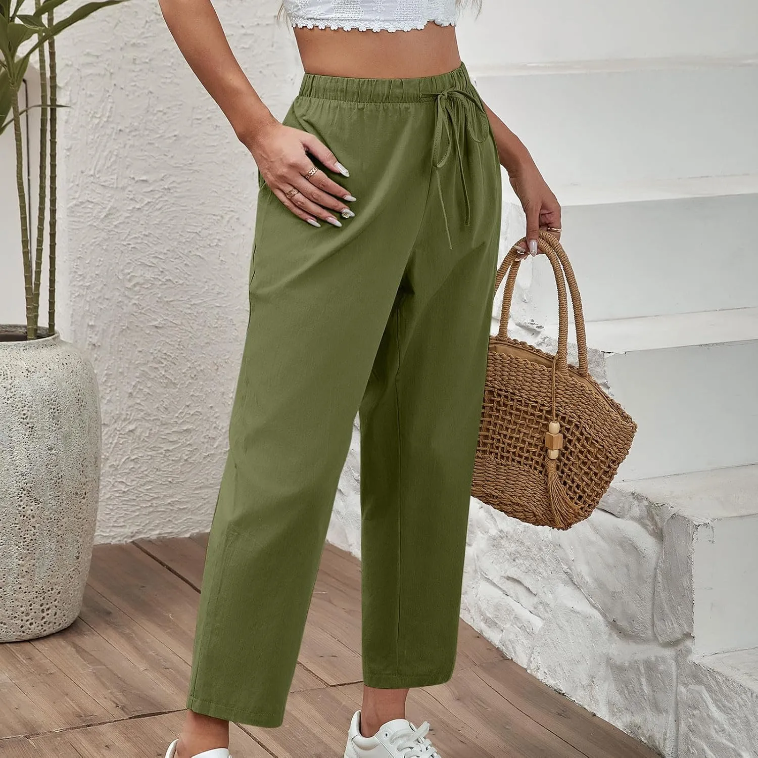 Women's Cotton Linen Summer Pants Wide Leg Casual Drawstring Elastic Pants Fashion Solid Color Trousers with Pockets