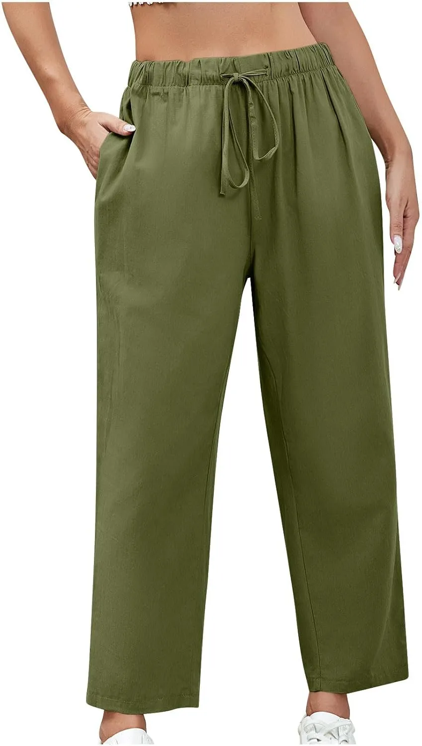 Women's Cotton Linen Summer Pants Wide Leg Casual Drawstring Elastic Pants Fashion Solid Color Trousers with Pockets