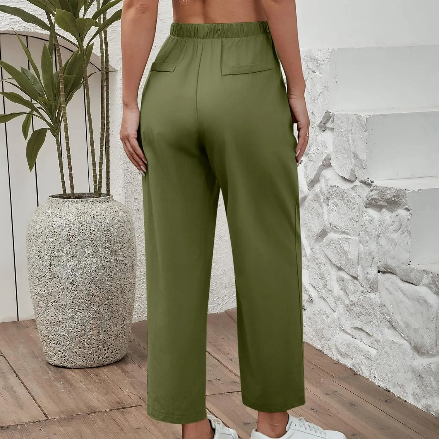 Women's Cotton Linen Summer Pants Wide Leg Casual Drawstring Elastic Pants Fashion Solid Color Trousers with Pockets