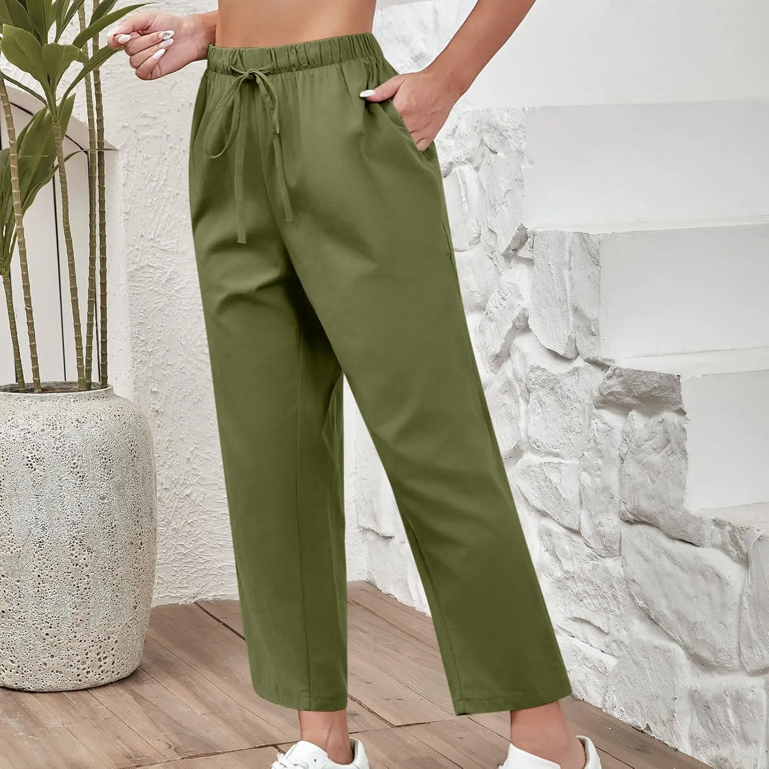 Women's Cotton Linen Summer Pants Wide Leg Casual Drawstring Elastic Pants Fashion Solid Color Trousers with Pockets