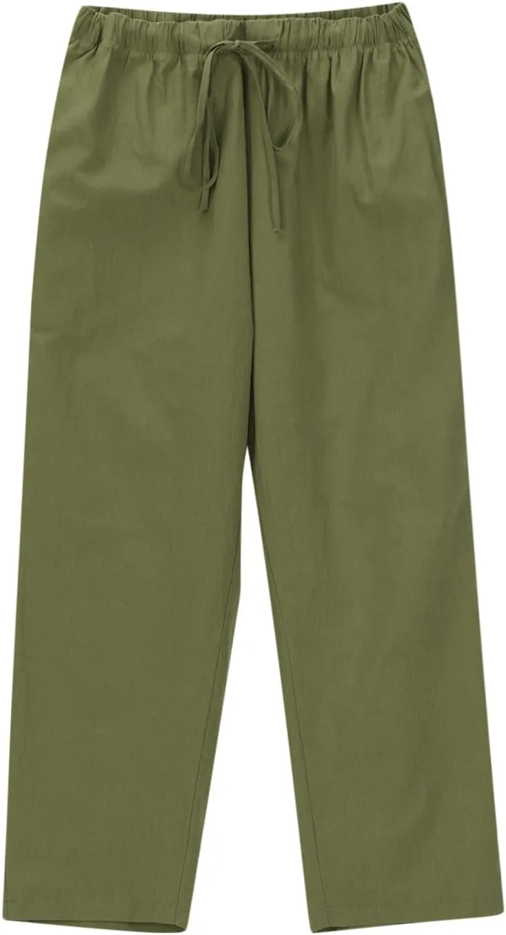 Women's Cotton Linen Summer Pants Wide Leg Casual Drawstring Elastic Pants Fashion Solid Color Trousers with Pockets