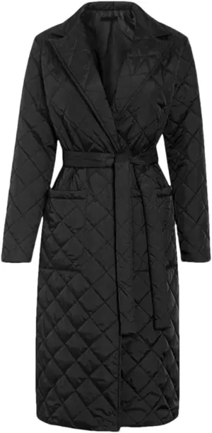 Women's Cotton-Padded Coat Lapel Loose Quilting Sashes Long Sleeve Pockets Parka Jackets Black S