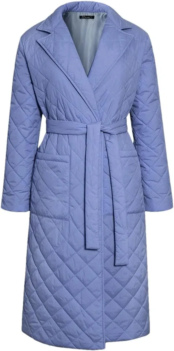 Women's Cotton-Padded Coat Lapel Loose Quilting Sashes Long Sleeve Pockets Parka Jackets Blue XL