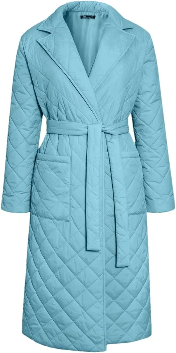 Women's Cotton-Padded Coat Lapel Loose Quilting Sashes Long Sleeve Pockets Parka Jackets Cambridge blue M