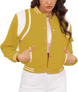 Womens Cropped Bomber Jacket Long Sleeve Button Down Baseball Varsity Fall Outerwear