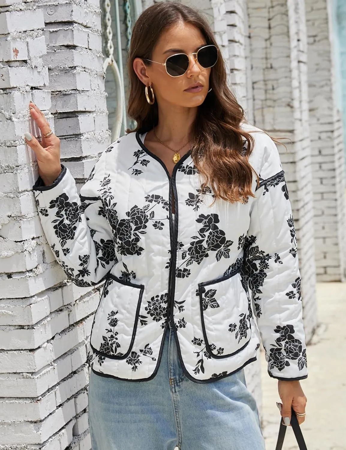Women's Cropped Puffer Quilted Jacket Lightweight Long Sleeve Padded Floral Print Puffy Cardigan Outwear Coat