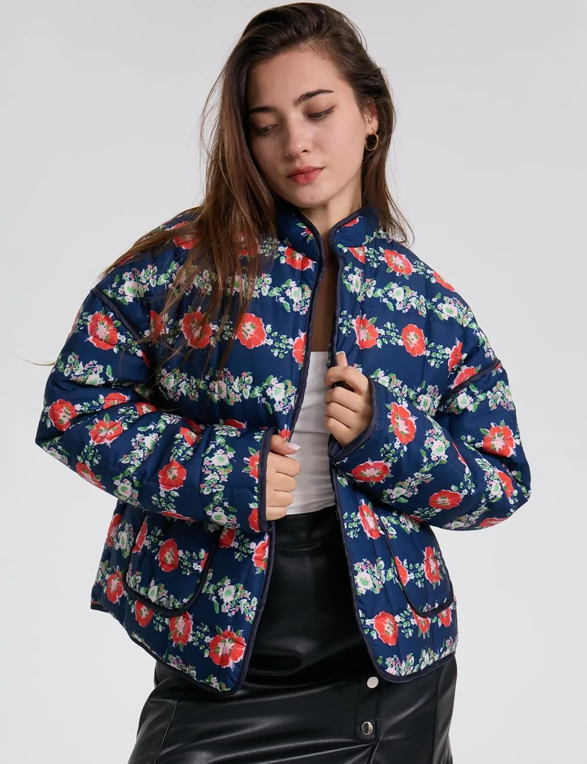 Women's Cropped Puffer Quilted Jacket Lightweight Long Sleeve Padded Floral Print Puffy Cardigan Outwear Coat