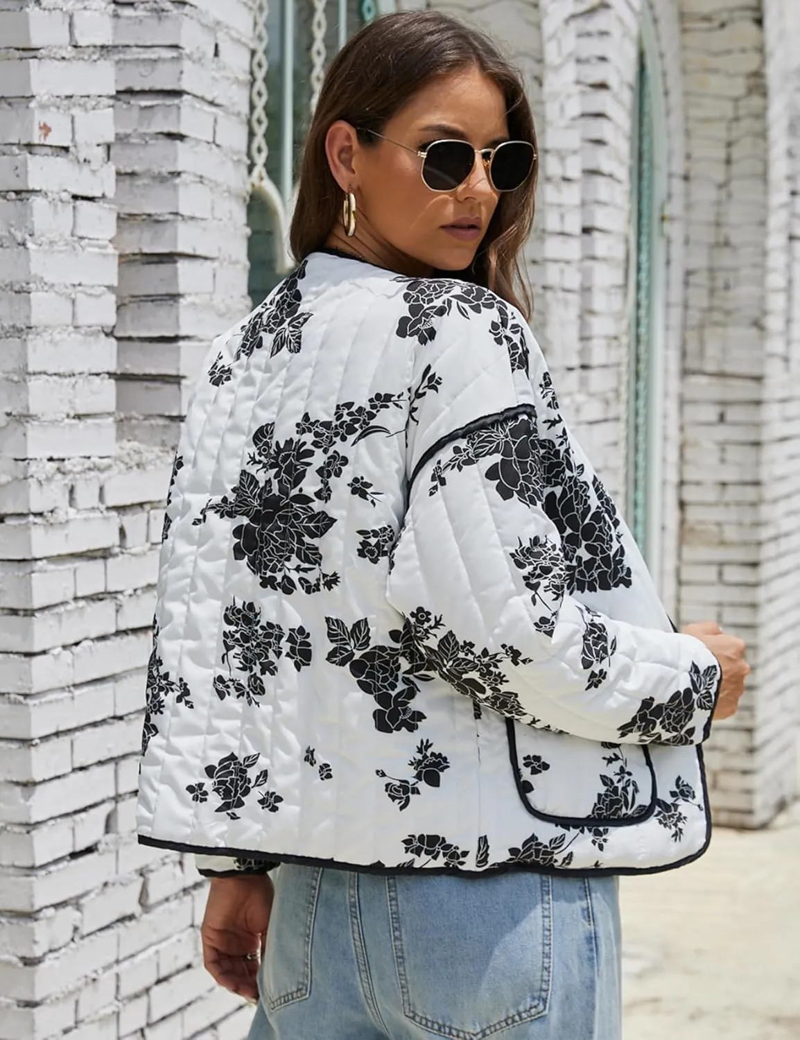 Women's Cropped Puffer Quilted Jacket Lightweight Long Sleeve Padded Floral Print Puffy Cardigan Outwear Coat