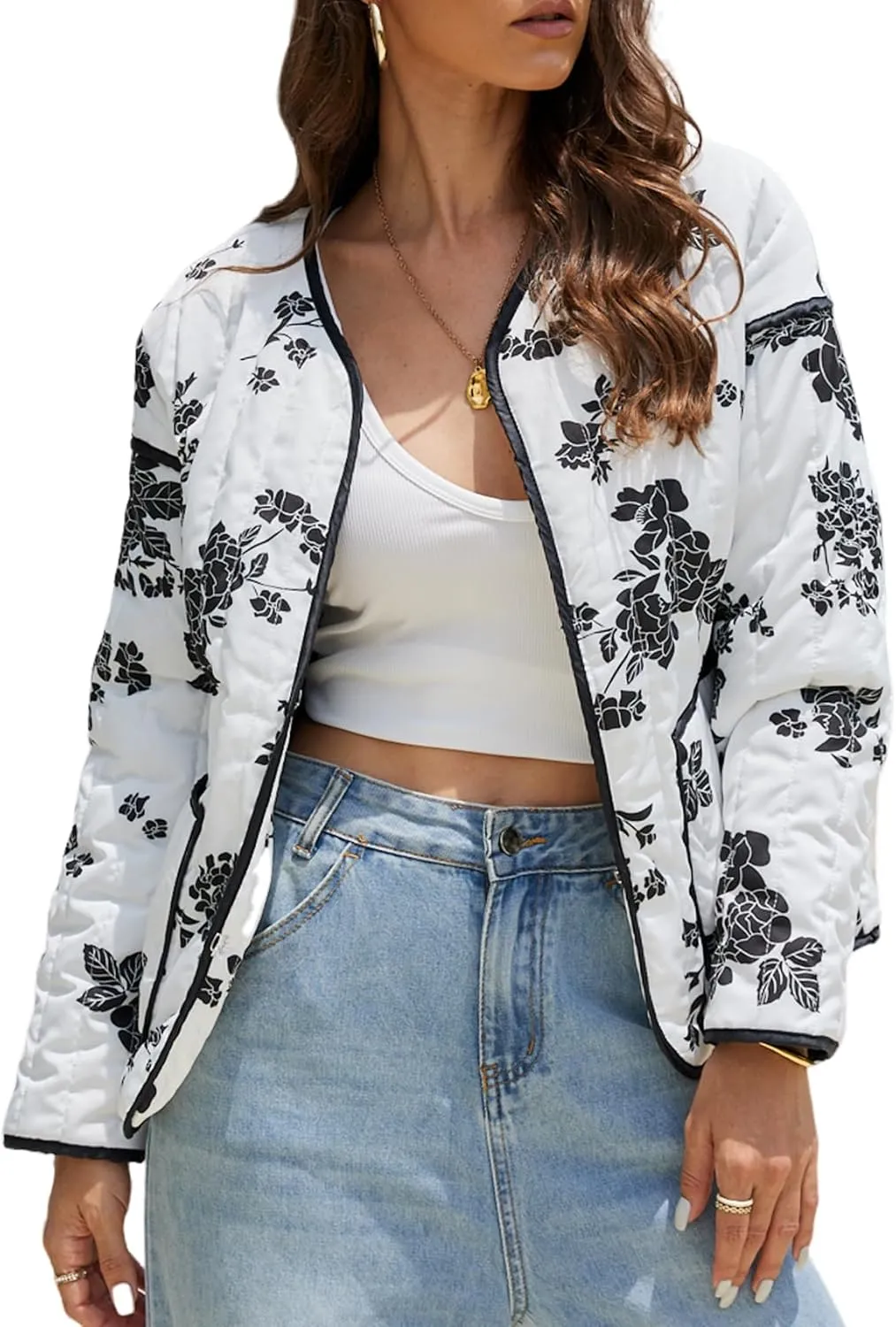 Women's Cropped Puffer Quilted Jacket Lightweight Long Sleeve Padded Floral Print Puffy Cardigan Outwear Coat