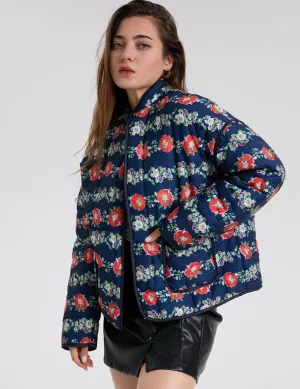 Women's Cropped Puffer Quilted Jacket Lightweight Long Sleeve Padded Floral Print Puffy Cardigan Outwear Coat