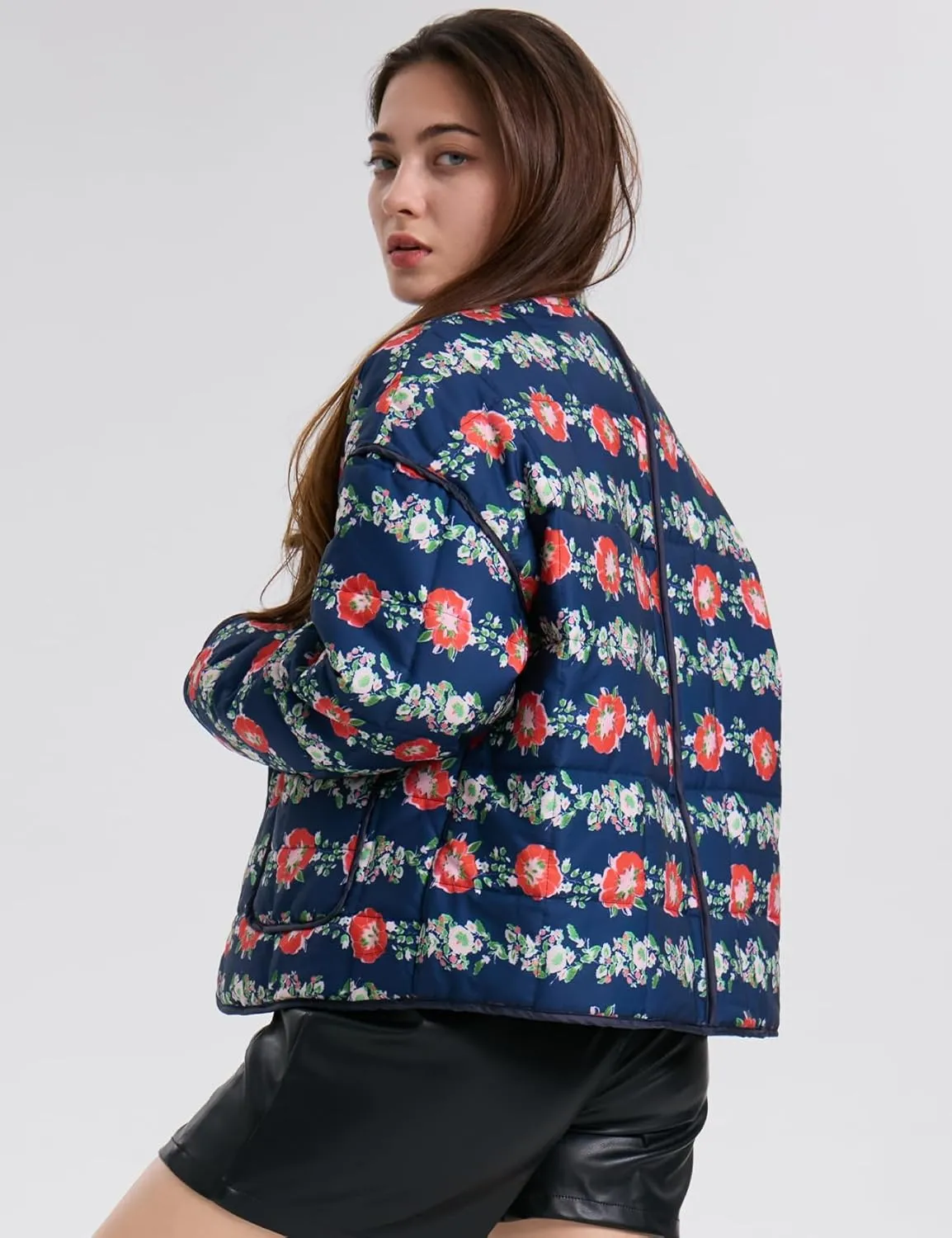 Women's Cropped Puffer Quilted Jacket Lightweight Long Sleeve Padded Floral Print Puffy Cardigan Outwear Coat