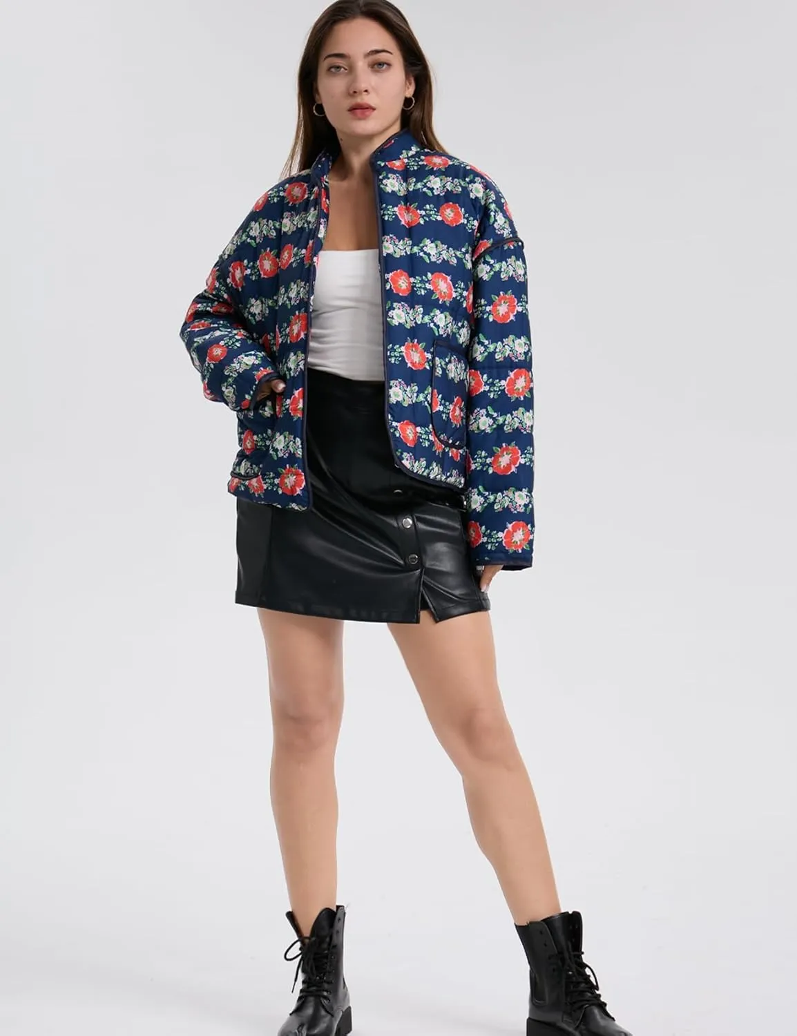 Women's Cropped Puffer Quilted Jacket Lightweight Long Sleeve Padded Floral Print Puffy Cardigan Outwear Coat