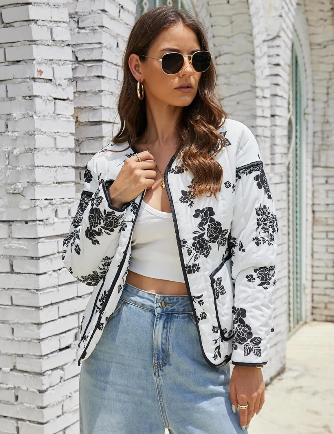 Women's Cropped Puffer Quilted Jacket Lightweight Long Sleeve Padded Floral Print Puffy Cardigan Outwear Coat