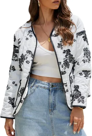 Women's Cropped Puffer Quilted Jacket Lightweight Long Sleeve Padded Floral Print Puffy Cardigan Outwear Coat