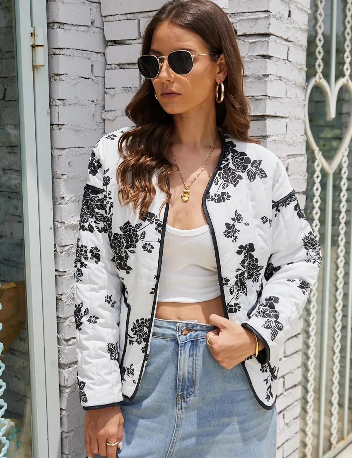 Women's Cropped Puffer Quilted Jacket Lightweight Long Sleeve Padded Floral Print Puffy Cardigan Outwear Coat