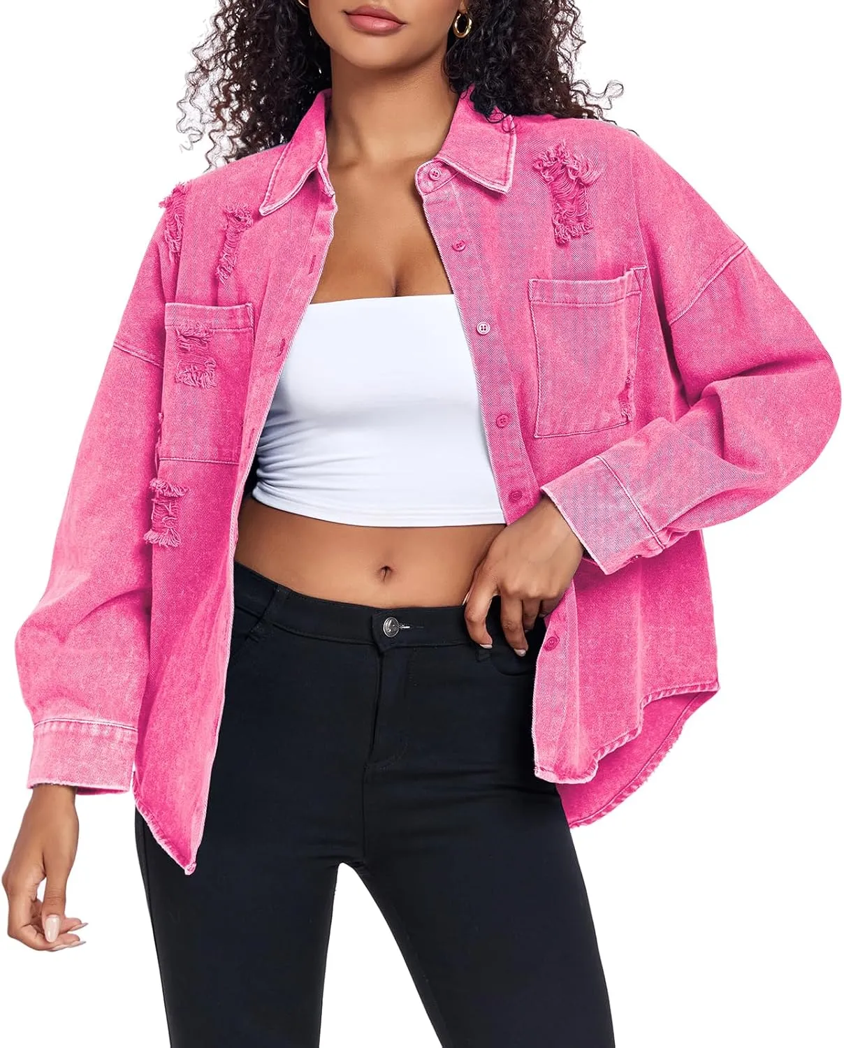 Womens Denim Jacket Oversized Button Down Jean Jacket Boyfriend Ripped Washed Jean Jackets Coat with Pockets