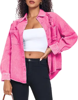 Womens Denim Jacket Oversized Button Down Jean Jacket Boyfriend Ripped Washed Jean Jackets Coat with Pockets
