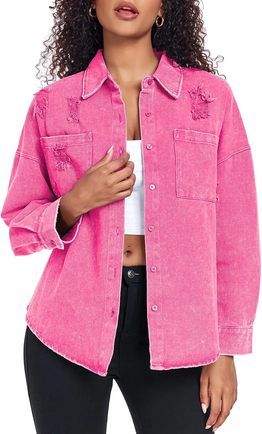 Womens Denim Jacket Oversized Button Down Jean Jacket Boyfriend Ripped Washed Jean Jackets Coat with Pockets