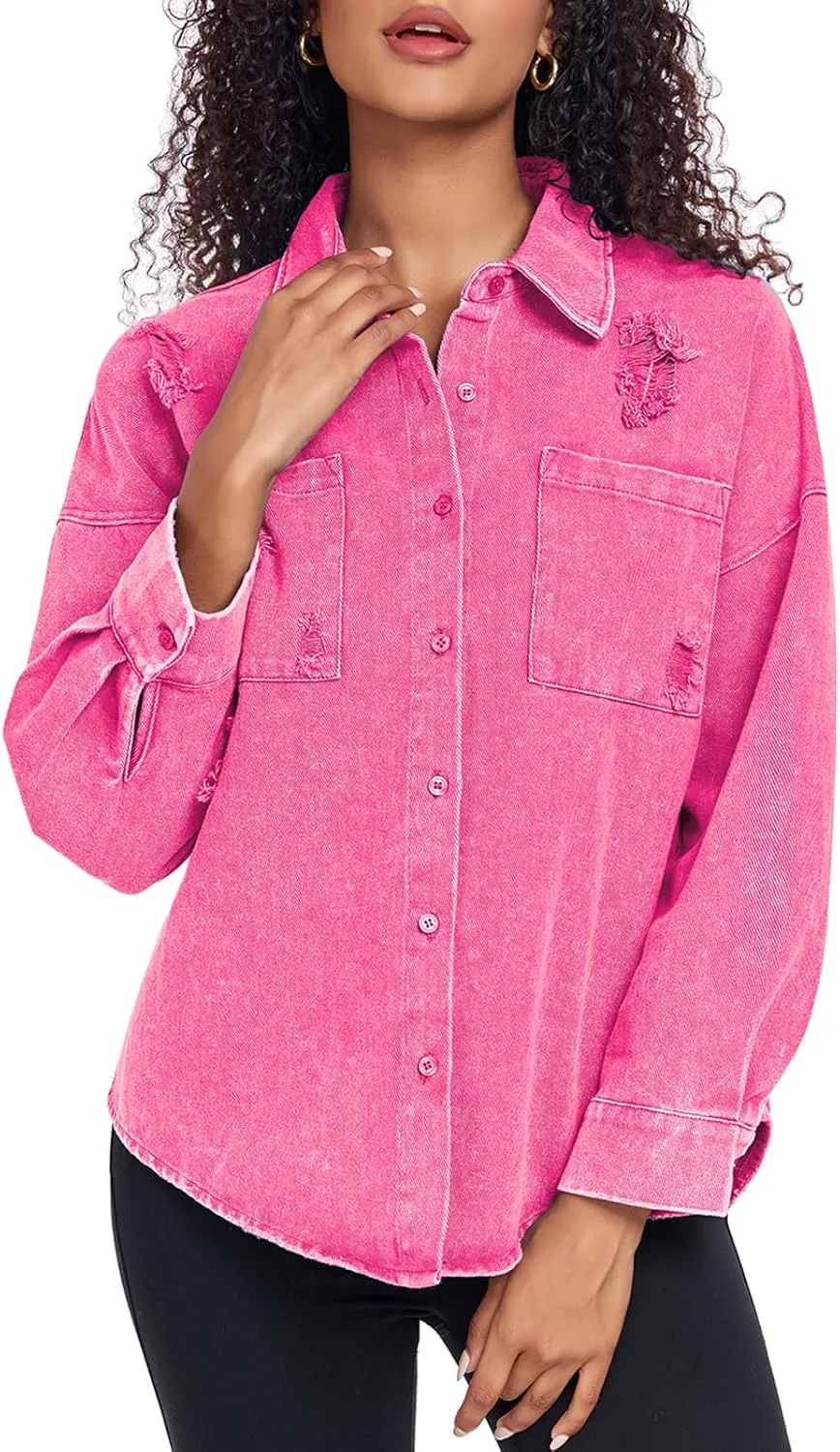 Womens Denim Jacket Oversized Button Down Jean Jacket Boyfriend Ripped Washed Jean Jackets Coat with Pockets
