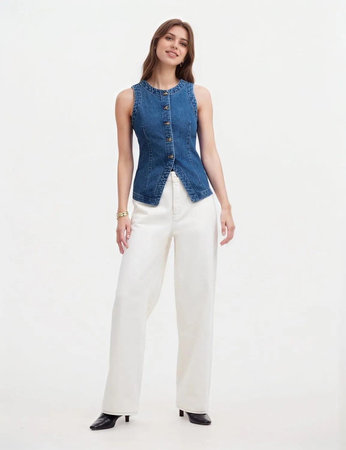 Women's Denim Vest Sleeveless Button Down Casual Jean Crewneck Waistcoat Denim Top
