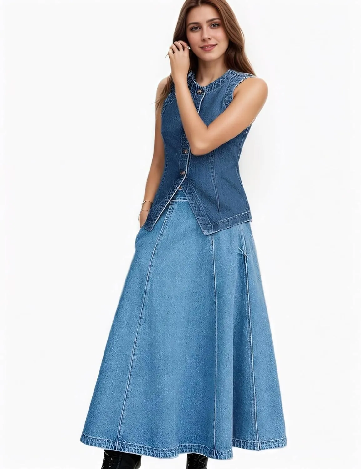 Women's Denim Vest Sleeveless Button Down Casual Jean Crewneck Waistcoat Denim Top