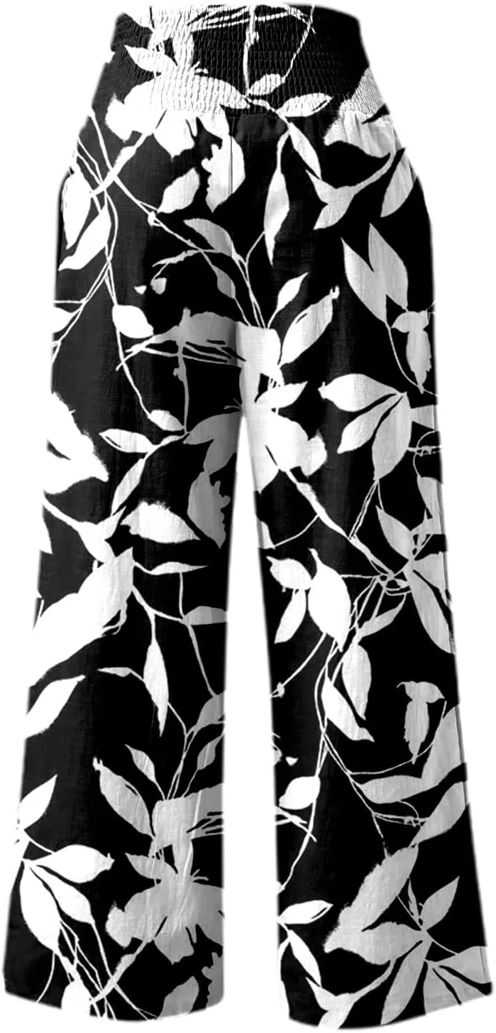 Womens Elastic High Waisted Palazzo Pants Floral Print Casual Wide Leg Long Lounge Pant Trousers with Pocket