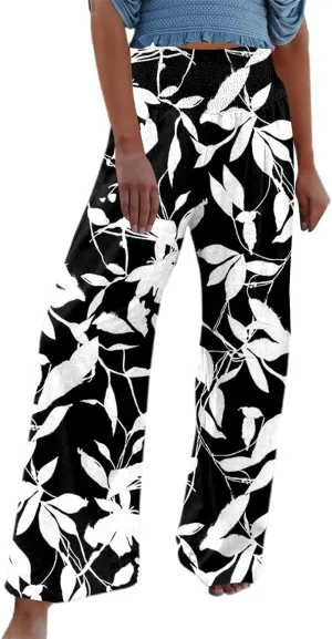 Womens Elastic High Waisted Palazzo Pants Floral Print Casual Wide Leg Long Lounge Pant Trousers with Pocket